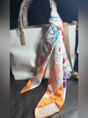 New Floral Square Scarf Floral Print Silk Square Scarf Peach Border Twilly